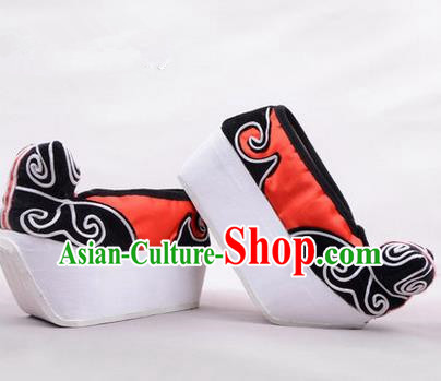 Chinese Ancient Peking Opera Young Men High Sole Shoes, Traditional China Beijing Opera Male Red Embroidered Shoes