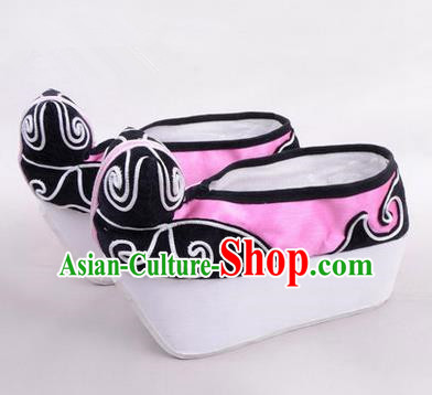 Chinese Ancient Peking Opera Young Men High Sole Shoes, Traditional China Beijing Opera Male Pink Embroidered Shoes