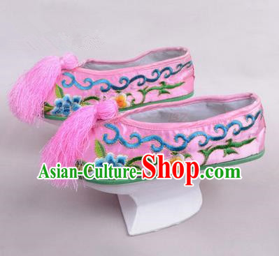 Chinese Ancient Peking Opera Young Lady Embroidered Hua Tan Shoes, Traditional China Qing Dynasty Manchu Princess Beijing Opera Pink Embroidered Shoes Saucers