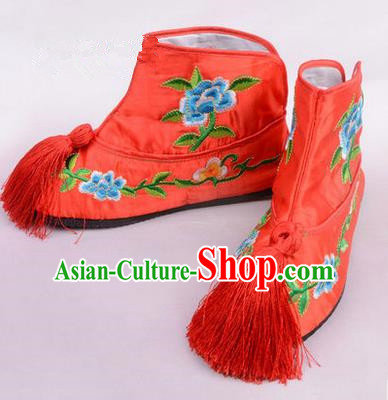 Chinese Ancient Peking Opera Martial Lady Embroidered Boots, Traditional China Beijing Princess Opera Red Embroidered Shoes