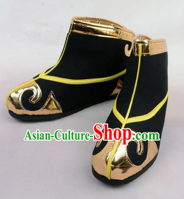 Chinese Ancient Peking Opera Martial Role Boots, Traditional China Beijing Opera Male Black Embroidered Shoes