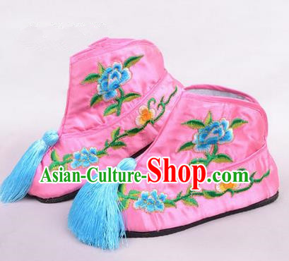 Chinese Ancient Peking Opera Martial Lady Embroidered Boots, Traditional China Beijing Princess Opera Pink Embroidered Shoes