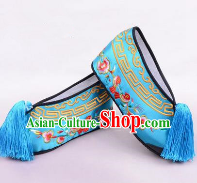 Chinese Ancient Peking Opera Young Lady Embroidered Wedding Shoes, Traditional China Beijing Opera Female Hua Tan Blue Embroidered Shoes