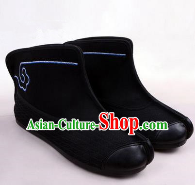 Chinese Ancient Peking Opera Huangmei Opera Martial Boots, Traditional China Beijing Opera Male Black Embroidered Shoes