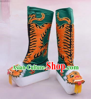 Chinese Ancient Peking Opera King Embroidered High Leg Boots, Traditional China Beijing Emperor Opera Green Embroidered Steller Shoes
