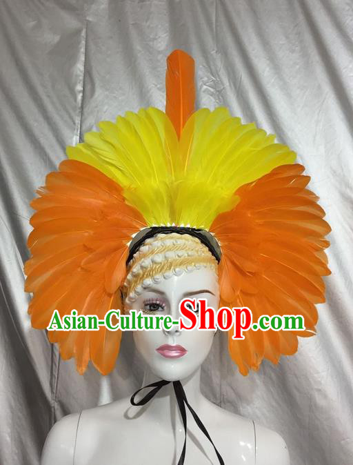 Top Grade Professional Stage Show Catwalks Brazil Feather Headpiece Hat, Brazilian Rio Carnival Samba Opening Dance Yellow Feather Headwear for Women