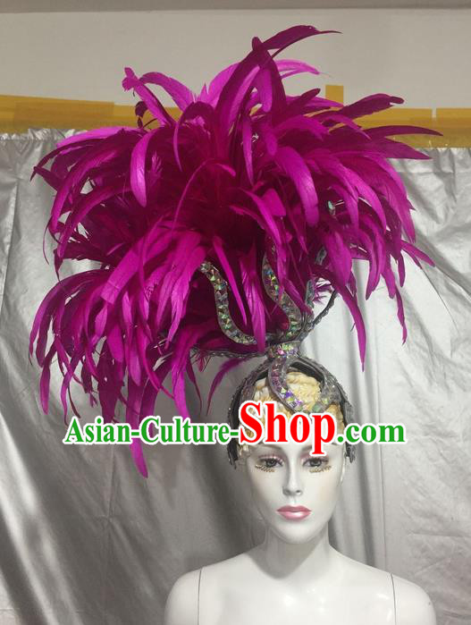 Top Grade Professional Stage Show Catwalks Brazil Feather Headpiece Hat, Brazilian Rio Carnival Samba Opening Dance Purple Feather Headwear for Women