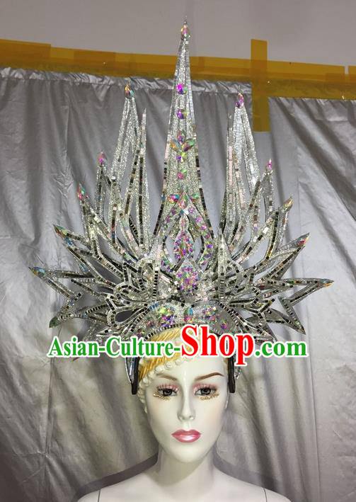 Top Grade Professional Stage Show Catwalks Brazil Crystal Headpiece Hat, Brazilian Rio Carnival Samba Opening Dance Ostrich Headwear for Women