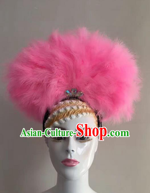 Top Grade Professional Stage Show Halloween Headpiece Hat, Brazilian Rio Carnival Samba Opening Dance Pink Feather Headwear for Women