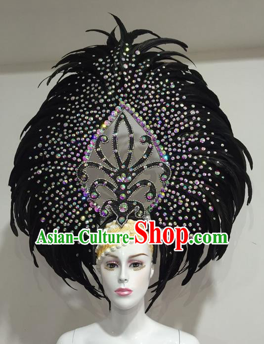 Top Grade Professional Stage Show Halloween Crystal Feather Headpiece Delux Hat, Brazilian Rio Carnival Samba Opening Dance Black Feather Headwear for Women