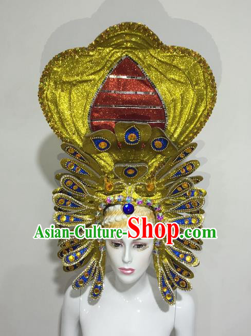 Top Grade Professional Stage Show Halloween Headpiece Delux Hat, Brazilian Rio Carnival Samba Opening Dance Queen Golden Headwear for Women