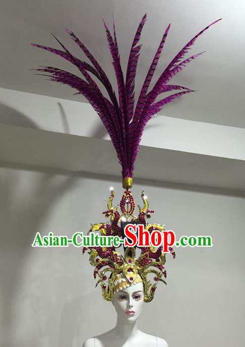 Top Grade Professional Stage Show Halloween Headpiece Feather Exaggerate Hat, Brazilian Rio Carnival Samba Opening Dance Headwear for Women