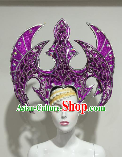 Top Grade Professional Stage Show Halloween Headpiece Crystal Exaggerate Hat, Brazilian Rio Carnival Samba Opening Dance Purple Headwear for Women