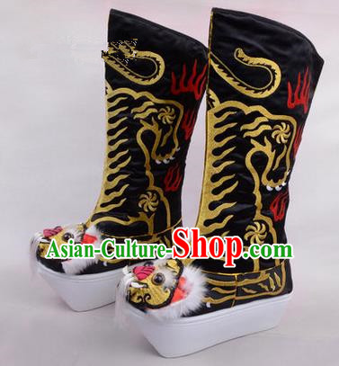 Chinese Ancient Peking Opera King Embroidered High Leg Boots, Traditional China Beijing Opera Emperor Black Embroidered Tiger-head High Sole Shoes