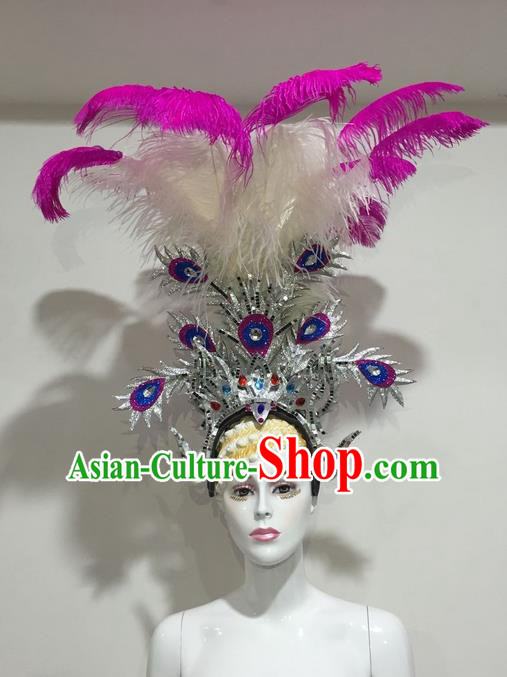 Top Grade Professional Stage Show Halloween Headpiece Feather Exaggerate Hat, Brazilian Rio Carnival Samba Opening Dance Purple Headwear for Women