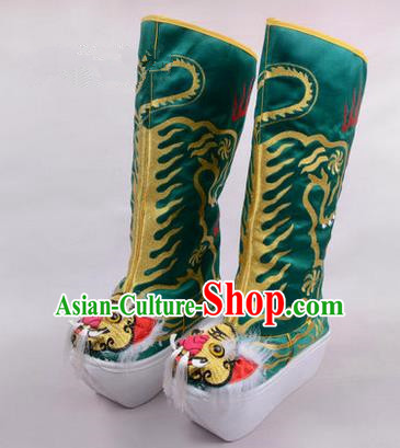 Chinese Ancient Peking Opera King Embroidered High Leg Boots, Traditional China Beijing Opera Emperor Green Embroidered Tiger-head High Sole Shoes