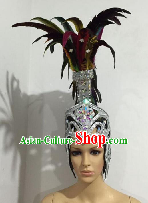 Top Grade Professional Stage Show Halloween Colorful Feather Headpiece Exaggerate Hat, Brazilian Rio Carnival Samba Opening Dance Hair Accessories Headwear Warrior Helmet