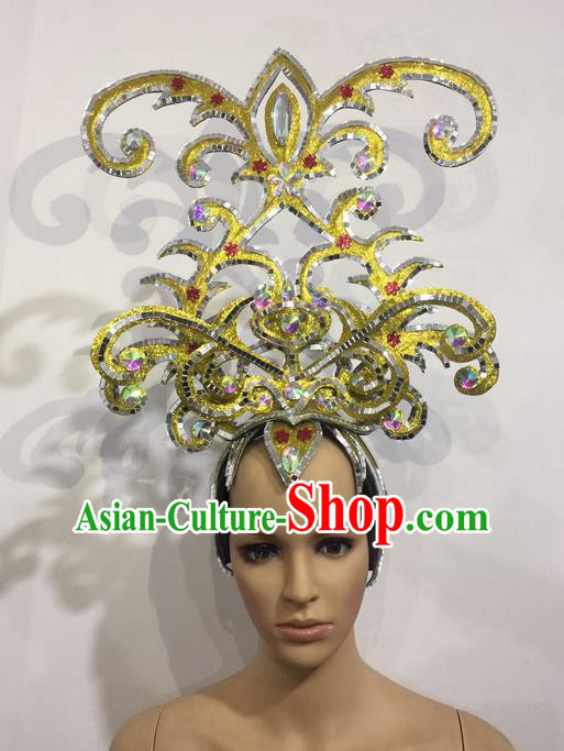 Top Grade Professional Stage Show Halloween Golden Crystal Headpiece Exaggerate Hat, Brazilian Rio Carnival Samba Opening Dance Hair Accessories Headwear for Women