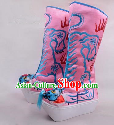 Chinese Ancient Peking Opera King Embroidered High Leg Boots, Traditional China Beijing Opera Emperor Pink Embroidered Tiger-head High Sole Shoes