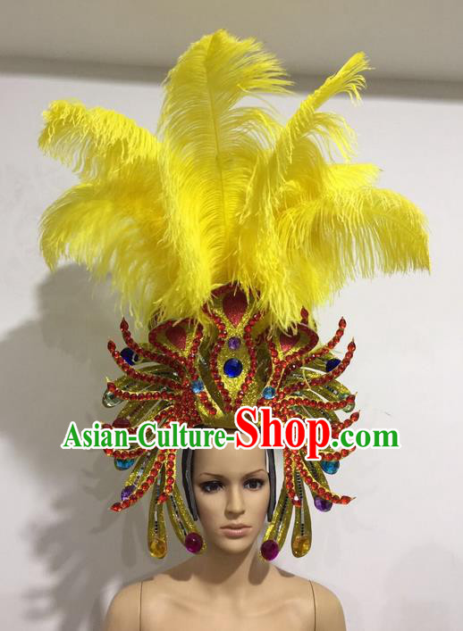 Top Grade Professional Stage Show Halloween Yellow Feather Headpiece Exaggerate Hat, Brazilian Rio Carnival Samba Opening Dance Hair Accessories Cleopatra Headwear for Women