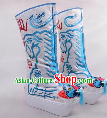 Chinese Ancient Peking Opera King Embroidered High Leg Boots, Traditional China Beijing Opera Emperor White Embroidered Tiger-head High Sole Shoes