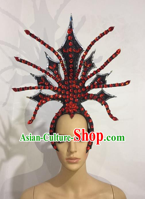 Top Grade Professional Stage Show Halloween Red Crystal Headpiece Exaggerate Hat, Brazilian Rio Carnival Samba Opening Dance Hair Accessories Cleopatra Headwear for Women