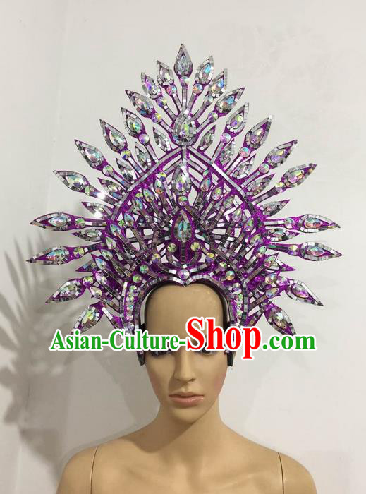 Top Grade Professional Stage Show Halloween Queen Purple Crystal Headpiece Exaggerate Hat, Brazilian Rio Carnival Samba Opening Dance Hair Accessories Cleopatra Headwear for Women