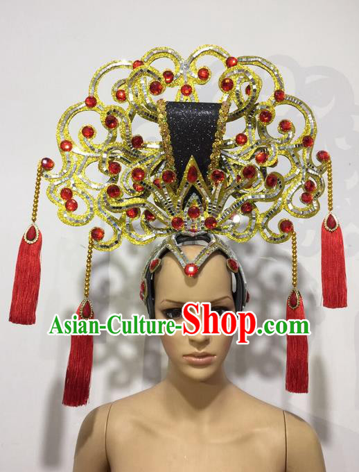 Top Grade Professional Stage Show Halloween Queen Headpiece Exaggerate Tassel Hat, Brazilian Rio Carnival Samba Opening Dance Imperial Empress Hair Accessories Headwear for Women