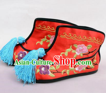 Chinese Ancient Peking Opera Martial Lady Embroidered Peony Boots, Traditional China Beijing Opera Princess Female Red Embroidered Shoes