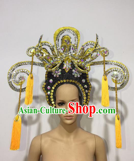 Top Grade Professional Stage Show Halloween Queen Headpiece Exaggerate Golden Hat, Brazilian Rio Carnival Samba Opening Dance Imperial Empress Hair Accessories Headwear for Women