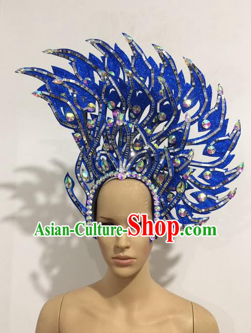 Top Grade Professional Stage Show Halloween Queen Headpiece Blue Hat, Brazilian Rio Carnival Samba Opening Dance Imperial Empress Hair Accessories Headwear for Women