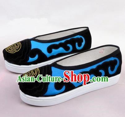 Chinese Ancient Peking Opera Huangmei Opera Old Men Shoes, Traditional China Beijing Opera Male Blue Embroidered Shoes