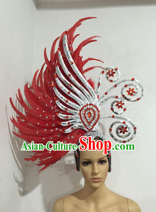 Top Grade Professional Stage Show Halloween Giant Headpiece Red Feather Big Hair Accessories Decorations, Brazilian Rio Carnival Samba Opening Dance Hat Headwear for Women