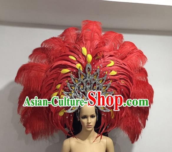 Top Grade Professional Stage Show Giant Headpiece Red Feather Big Hair Accessories Decorations, Brazilian Rio Carnival Samba Opening Dance Hat Headwear for Women