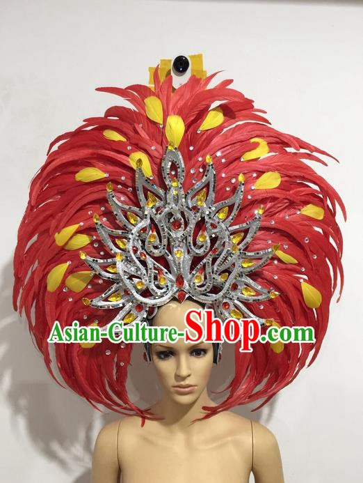 Top Grade Professional Stage Show Giant Headpiece Red Feather Big Hair Accessories Decorations, Brazilian Rio Carnival Samba Opening Dance Hat Headwear for Women