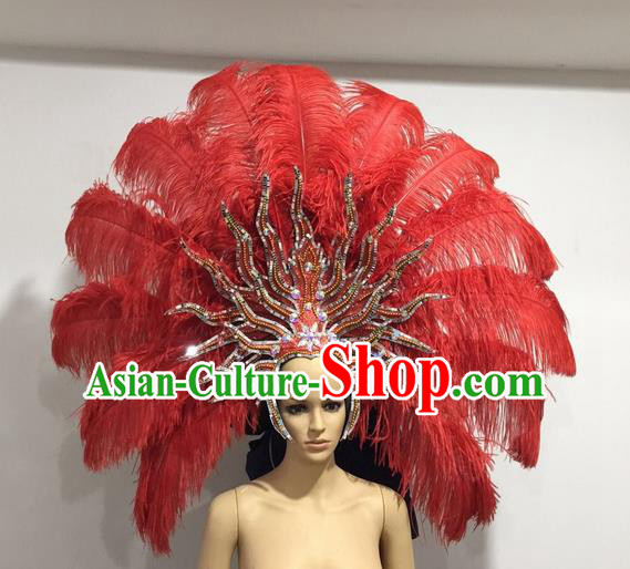 Top Grade Professional Stage Show Giant Headpiece Red Ostrich Feather Big Hair Accessories Decorations, Brazilian Rio Carnival Samba Opening Dance Hat Headwear for Women