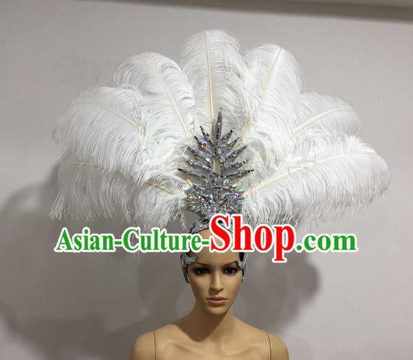 Top Grade Professional Stage Show Giant Headpiece White Feather Big Hair Accessories Decorations, Brazilian Rio Carnival Samba Opening Dance Hat Headwear for Women