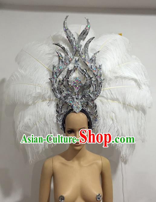 Top Grade Professional Stage Show Giant Headpiece White Feather Big Hair Accessories Decorations, Brazilian Rio Carnival Samba Opening Dance Headwear for Women