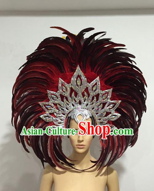 Top Grade Professional Stage Show Halloween Giant Headpiece Feather Hat, Brazilian Rio Carnival Samba Opening Dance Imperial Empress Hair Accessories Headwear for Women