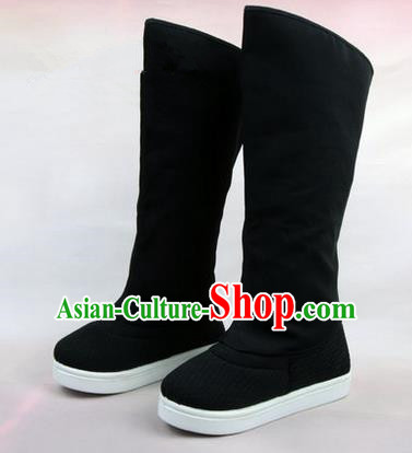 Chinese Ancient Peking Opera Officer Embroidered Court High Leg Boots, Traditional China Beijing Opera Black Cloth Shoes