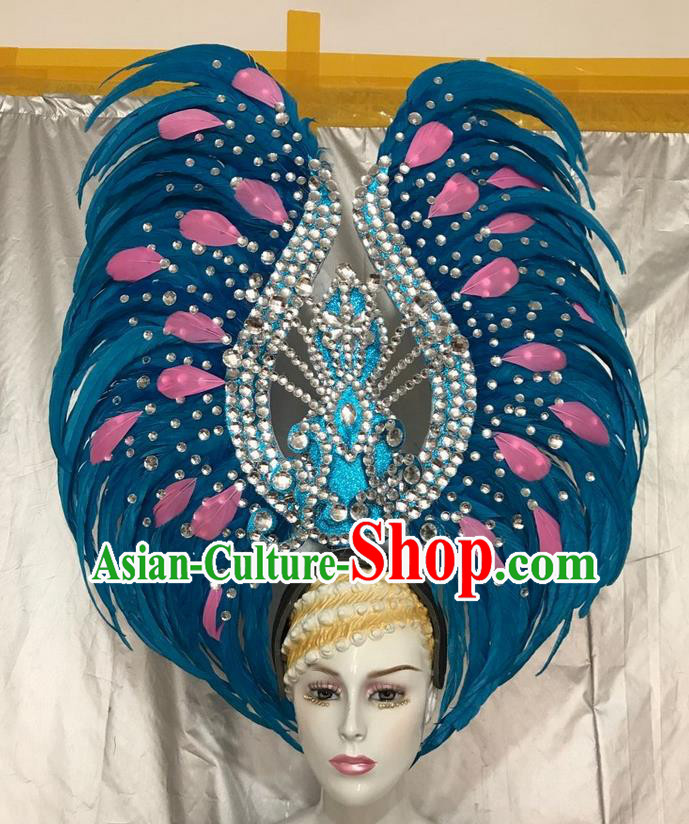 Top Grade Professional Stage Show Giant Headpiece Blue Feather Hair Accessories Crystal Decorations, Brazilian Rio Carnival Samba Opening Dance Headwear for Women