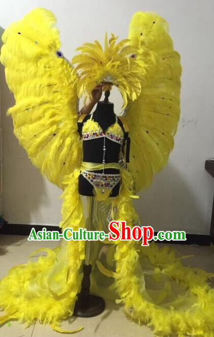 Top Grade Professional Performance Catwalks Swimsuit Costume with Wings, Traditional Brazilian Rio Carnival Samba Modern Fancywork Yellow Feather Clothing for Kids