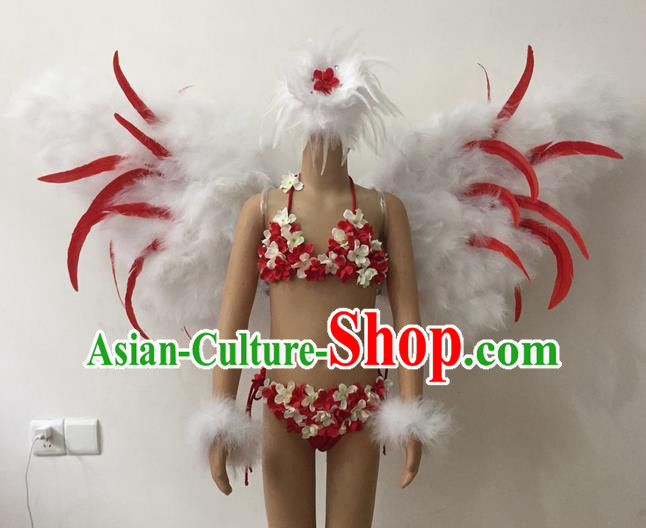 Top Grade Professional Performance Catwalks Bikini Swimsuit with Wings, Traditional Brazilian Rio Carnival Samba Modern Fancywork Feather Clothing for Kids