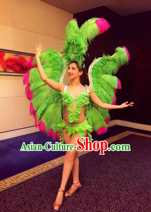 Top Grade Professional Performance Catwalks Bikini Swimsuit with Wings, Traditional Brazilian Rio Carnival Samba Modern Fancywork Green Feather Clothing for Women