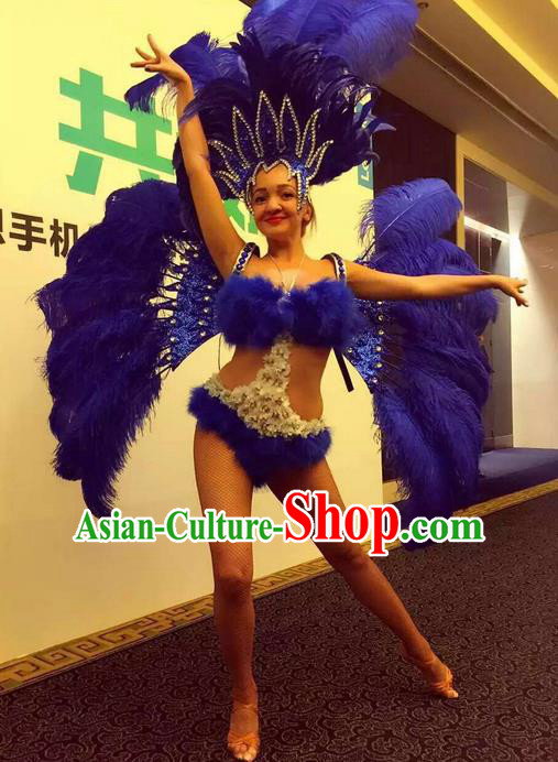 Top Grade Professional Performance Catwalks Bikini Swimsuit with Wings, Traditional Brazilian Rio Carnival Samba Modern Fancywork Blue Feather Clothing for Women