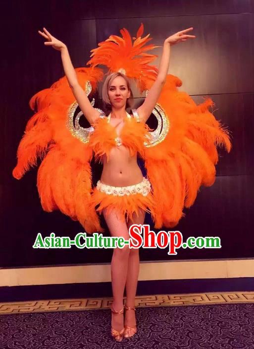 Top Grade Professional Performance Catwalks Bikini Swimsuit with Wings, Traditional Brazilian Rio Carnival Samba Modern Fancywork Orange Feather Clothing for Women