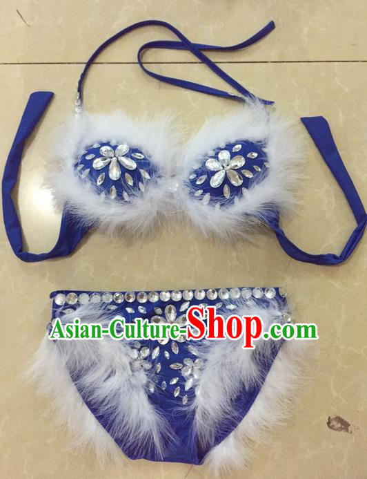 Top Grade Professional Performance Catwalks Bikini Swimsuit, Traditional Brazilian Rio Carnival Samba Modern Fancywork Blue Feather Clothing for Women