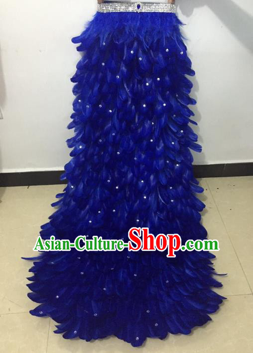 Top Grade Professional Performance Catwalks Feather Skirt, Traditional Brazilian Rio Carnival Samba Modern Fancywork Blue Feather Clothing for Kids