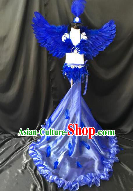 Top Grade Professional Performance Catwalks Bikini Costume and Headpiece, Traditional Brazilian Rio Carnival Samba Modern Fancywork Blue Swimsuits Clothing for Women