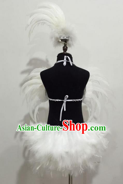 Top Grade Professional Performance Catwalks Bikini Costume, Traditional Brazilian Rio Carnival Samba Modern Fancywork White Feather Swimsuits Clothing for Kids